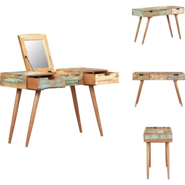 Vidaxl Tavolino Da Toilette Con Specchio 112X45X76 Cm In Legno Massiccio Antico - Tavolini Da Toilette-image