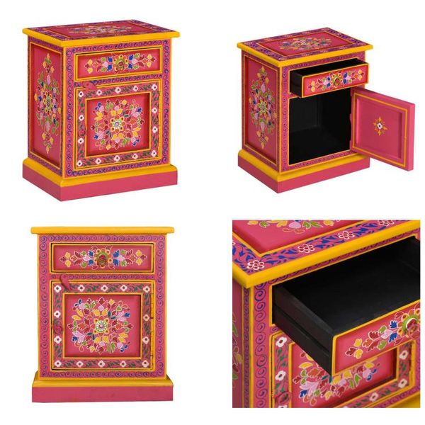 Vidaxl Comodino In Legno Di Mango Massiccio Rosa Dipinto A Mano - Comodino - Tavolino - Tavolino - Tavolini-image