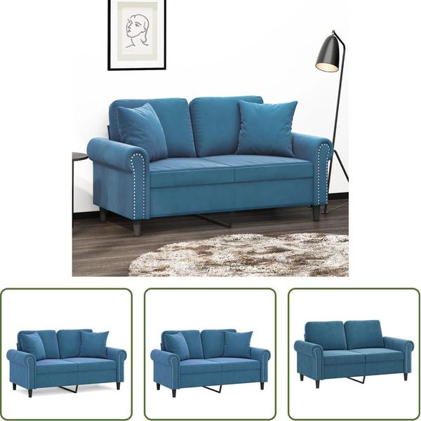 The Living Store Divano A 2 Posti Con Cuscini Decorativi In Velluto Blu 120 Cm-image