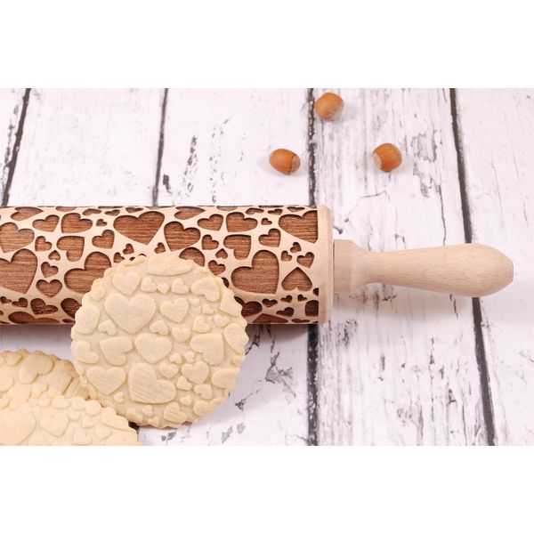 Mattarello In Legno Moodforwood, Inciso, 43 Cm Con Manici, Perfetto Per La Cottura - Motivo A Cuore-image