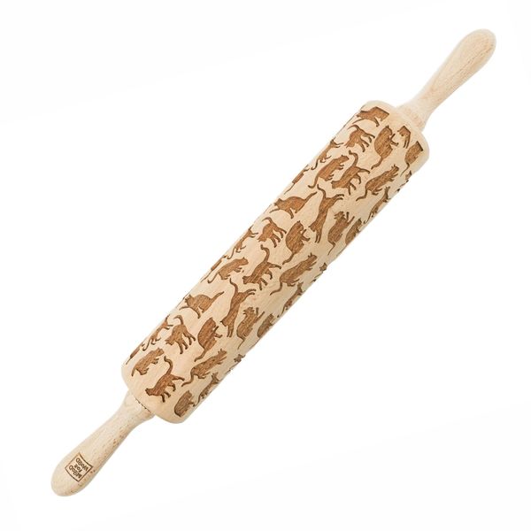 Moodforwood Mattarello In Legno, Inciso, 43 Cm Con Manici, Perfetto Per La Cottura Al Forno - Motivo Gatto-image