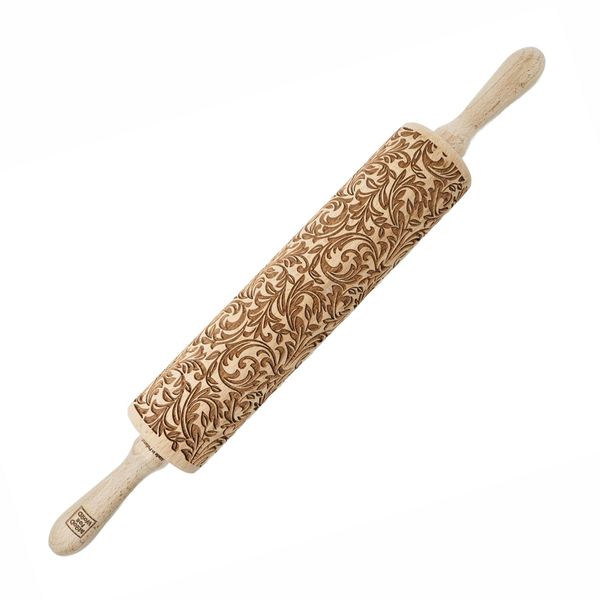 Moodforwood Mattarello In Legno, Mattarello In Legno Inciso Con Manici, Mattarello Con Motivo Per Torte, Ø 6 Cm X 43 Cm, Barocco-image