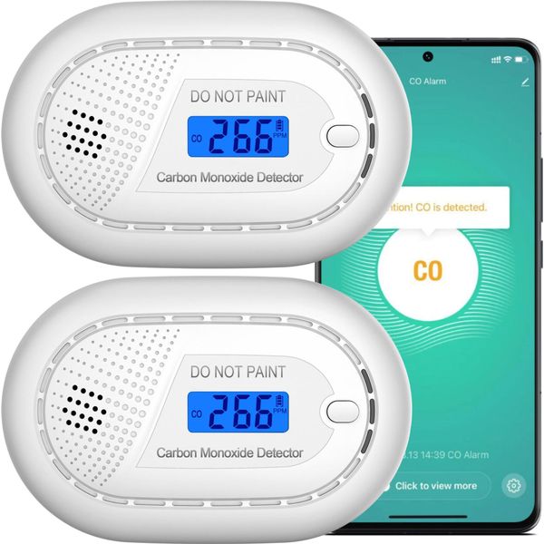 Aroha Smart Connect Rilevatore Monossido Di Carbonio Wifi - Batteria Da 10 Anni - Allarme Monossido Di Carbonio Con Tuya & Smartlife - 2 Pezzi-image