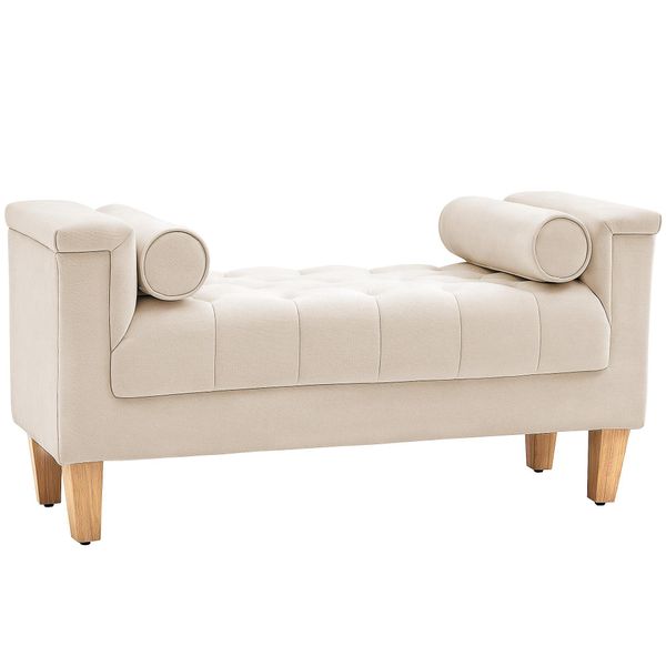 Homcom Panca Panca Imbottita Con Rivestimento In Ciniglia, Bracciolo Panca Letto Con 2 Cuscini A Cilindro, Struttura In Legno, Panca Per Scarpe Per Camera Da Letto, Soggiorno, Corridoio 115 X 44 X 58 Cm Beige-image