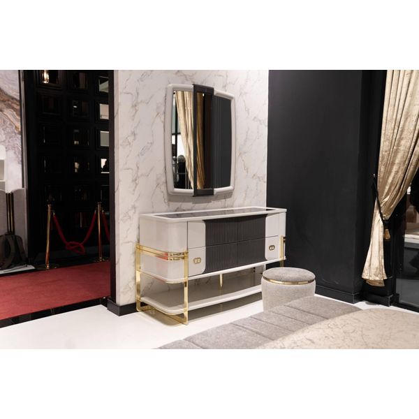 Elegante Toletta In Legno Beige Con Specchio E Sgabello-image