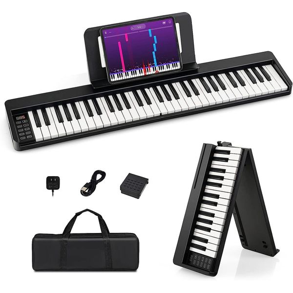 Costway Pianoforte Digitale Con 61 Tasti, Pianoforte Elettrico Pieghevole Con Bluetooth, Leggio, Pedale E Borsa Per Pianoforte, Tastiera Per Pianoforte Elettrico Per Bambini Adulti-image