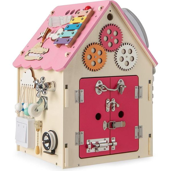Casetta In Legno Per Bambini Costway, Casetta Educativa Con Gioco Sensoriale E Spazio Di Archiviazione, Giocattolo Didattico Sensoriale Montessori Per La Motricità Fine, Cubo Di Attività Per Bambini Dai 3 Anni In Su (Rosa)-image