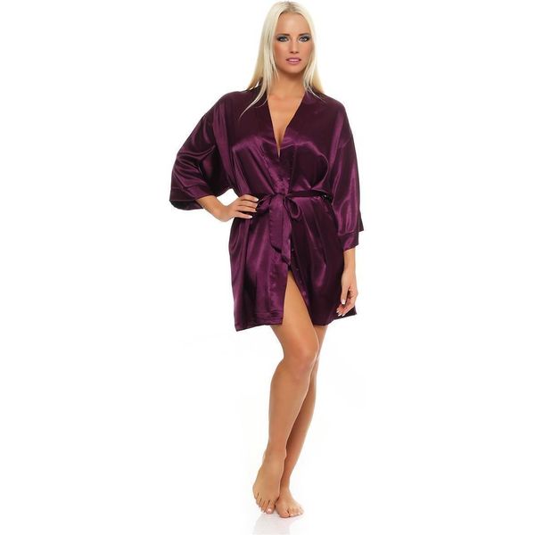 Vestaglia Da Donna Kimono Corto In Raso; Viola Scuro M-image