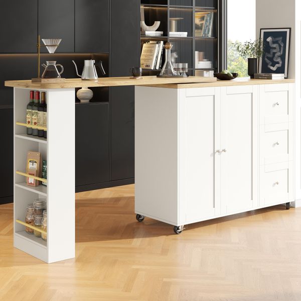 Abrihome Tavolo Da Sala Da Pranzo Tavolo Bar Girevole A 360°, Tavolo Alto Allungabile Con Armadio E Cassetti, Bianco-image