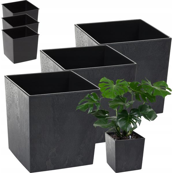 Set Di 3 Vasi Da Fiori Lamela | Juka | Con Inserto | Cemento Nero | 30 Cm-image