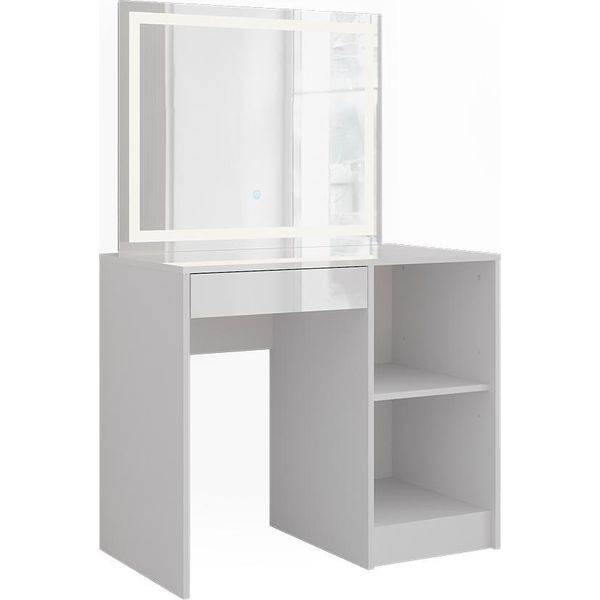 Vicco Tavolo Da Toeletta Sherry, 89.8 Cm Con Specchio Led, Bianco/Bianco Lucido-image