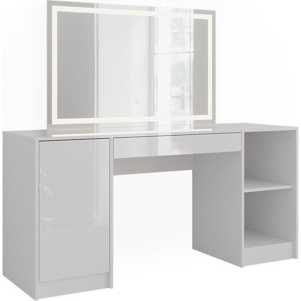 Vicco Tavolo Da Toeletta Sherry, 158.2 Cm Con Specchio Led, Bianco/Bianco Lucido-image