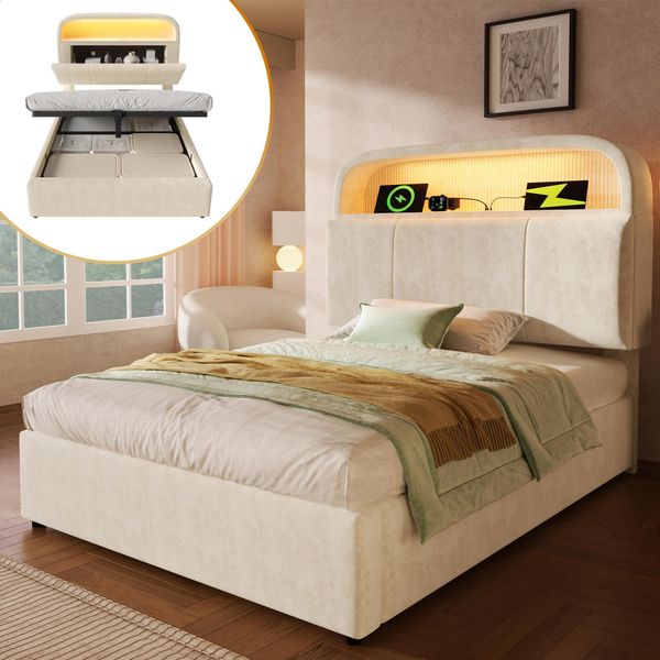 Letto Imbottito Idraulico Flieks 90X200Cm Con Led, Letto Contenitore Letto Singolo Con Funzione Cassetto, Letto Per Ragazzi Con Testata Regolabile In Altezza, Velluto, Beige-image