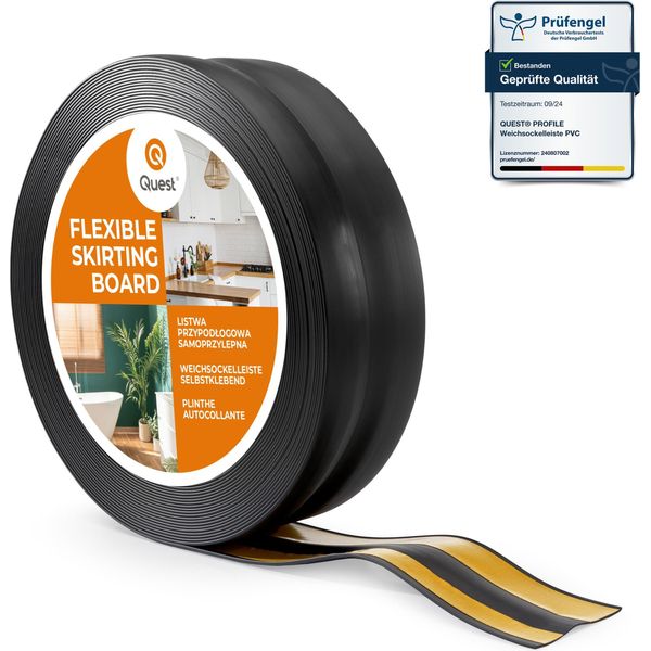 Quest Battiscopa In Pvc Autoadesivo 32X23Mm, 15M, Battiscopa Morbido, Flessibile, Nero-image