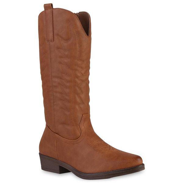 Van Hill Donna Stivali Da Cowboy Leggermente Foderati Scarpe Da Ricamo 839106, Colore: Marrone Chiaro, Taglia: 37-image