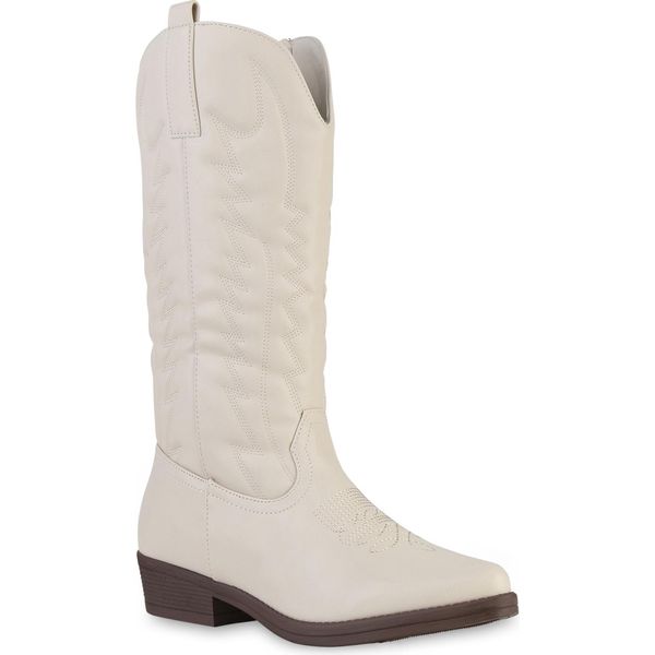 Van Hill Stivali Da Cowboy Leggermente Foderati Da Donna Scarpe Da Ricamo 839106, Colore: Beige, Taglia: 36-image