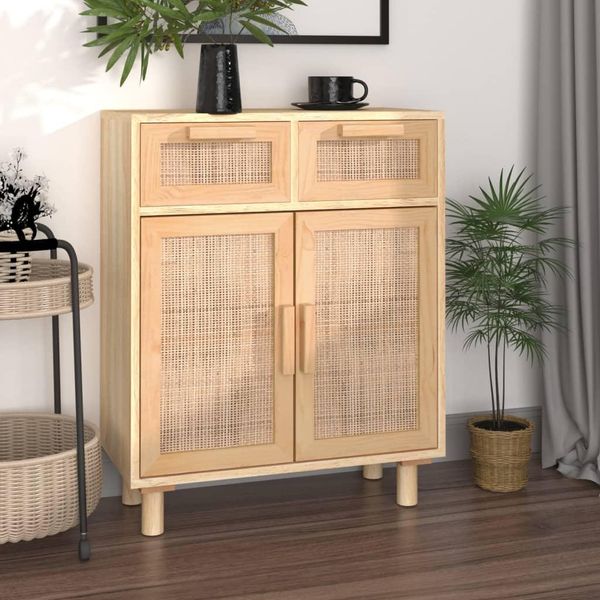 Vidaxl Credenza Marrone 60X30X75 Cm In Pino Massiccio E Rattan Naturale-image