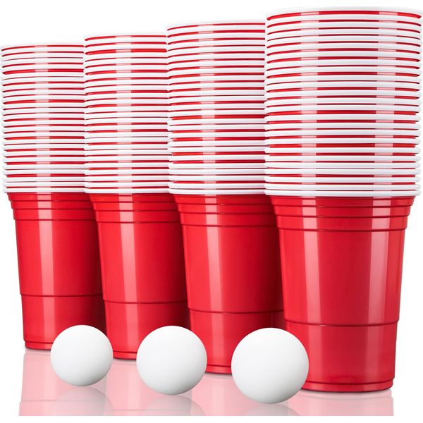 Tresko Bicchieri Da Festa Rossi 100 Pezzi Con 6 Palline Bicchieri Da Bere Bicchieri Di Plastica Usa E Getta Bicchieri Da Festa Beer Pong Rossi-image