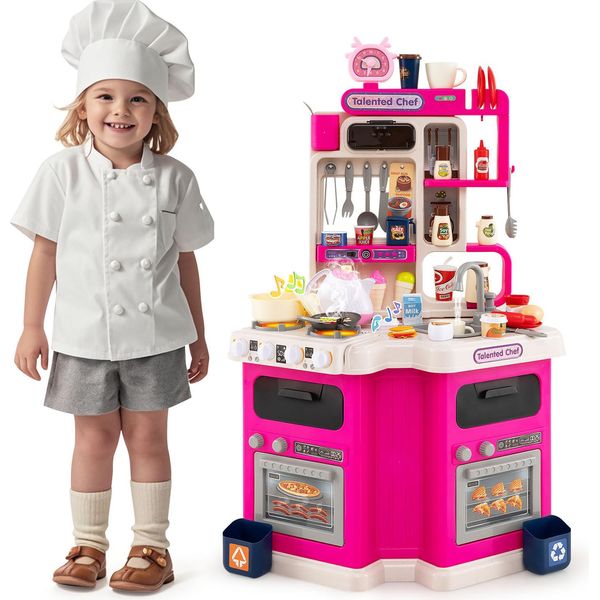 Cucina Per Bambini Costway, Cucina Per Bambole Con 113 Accessori, Luci, Suoni, Vapore, Fornello, Lavello E Funzione Acqua, Cucina Giocattolo Per Bambini 3+ Rosa-image