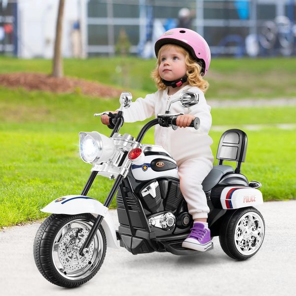 Costway 6V 2,5-3 Km/H Moto Elettrica Per Bambini Con Faro Regolabile, Suono, Clacson, Specchietto Retrovisore E Pedali, Triciclo Elettrico, Bianco, Polizia-image