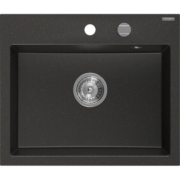 Mexen Oscar Lavello In Granito A 1 Vasca 580 X 490 Mm, Nero/Oro Metallizzato, Sifone Cromato - 6519581000-75-image