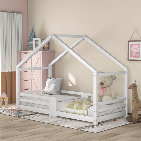 Letto Per Bambini Merax 90X200Cm Con Protezione Anticaduta E Camino, Letto Casa Letto Da Terra Letto In Legno Di Pino Letto Singolo Con Rete A Doghe, Bianco-image