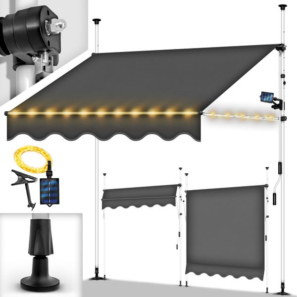 Tillvex Tenda A Morsetto 350 Cm Grigio Con Led Solare Con Manovella Balcone | Tenda Da Balcone Senza Foratura | Tenda Resistente Ai Raggi Uv E Regolabile In Altezza | Protezione Solare Impermeabile-image