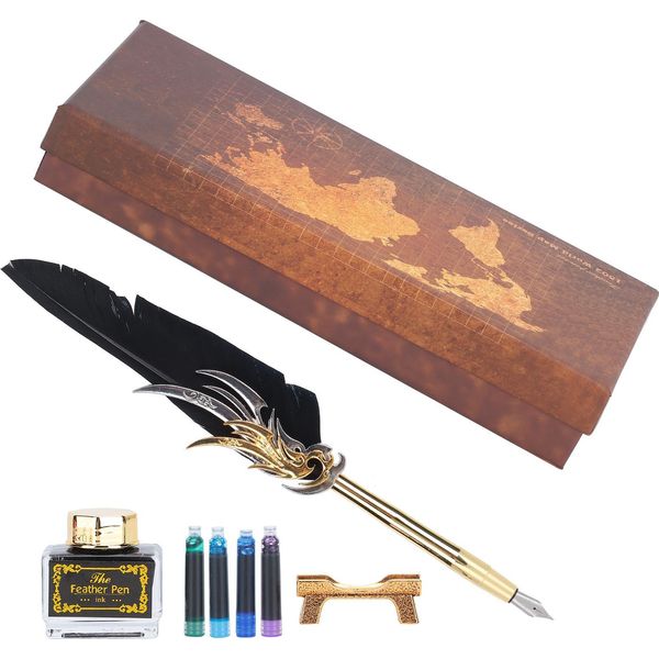 Penna Calligrafia Scrittura Vintage Set Metallo Retrò Dip Quill Kit Con Astuccio Inchiostro Sp270Nero-image