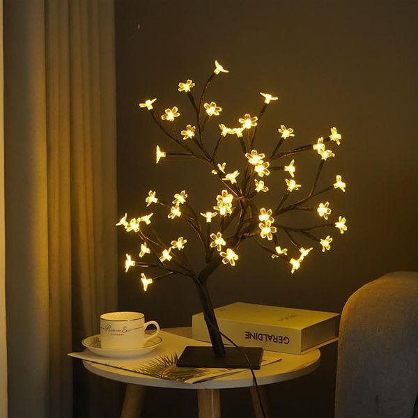 Lampada Da Tavolo Led Per Bonsai, Usb, Natale, Camera Da Letto, Decorazione, Luce Notturna Da Tavolo, Nero, 48 Luci, Sakura-image