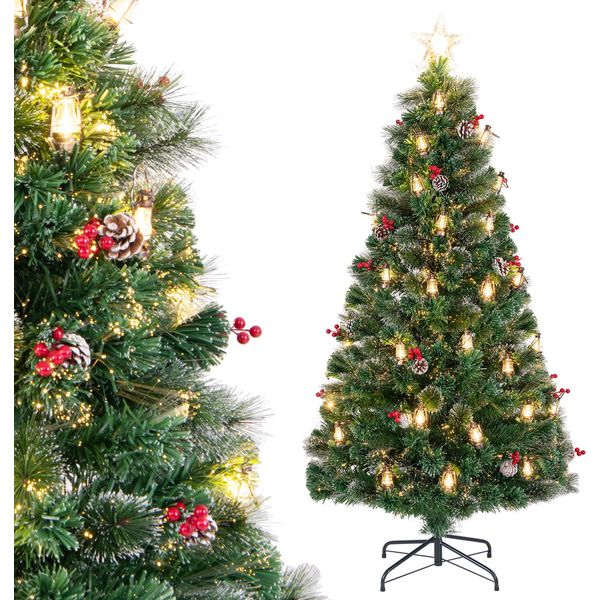 Costway Albero Di Natale Artificiale Da 180 Cm Con Pigne, Lampade A Paraffina E Bacche Rosse, Albero Di Natale Con Led, 8 Modalità, Vetroresina E Cima A Stella, Verde-image