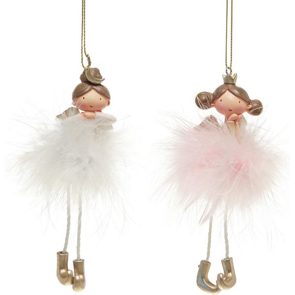 Figurina Decorativa Angelo Principessa Decorazione Albero Bianco Rosa 12Cm Set Di 2-image