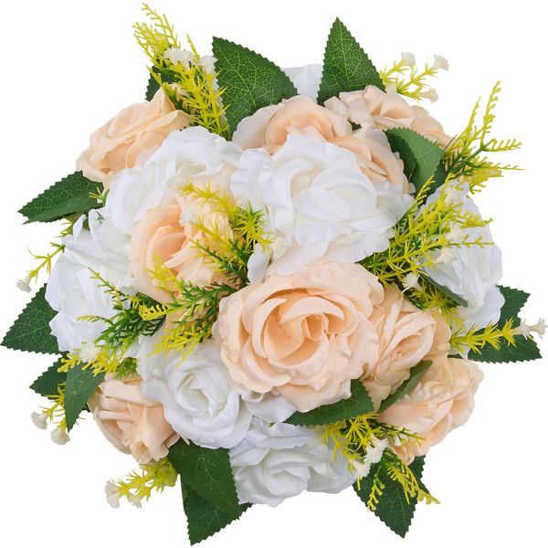 Succebuy Fiori Artificiali, 10 Pezzi, 240X240X120 Mm, Sfere Di Fiori Artificiali In Rose Di Seta, Composizioni Di Rose Per Matrimoni, Celebrazioni, Decorazioni Da Tavola E Accessori Per La Casa, Tonalità Champagne E Bianco-image