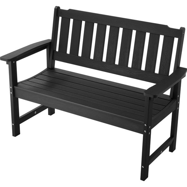 Succebuy Panchina Da Giardino 128 Cm, Design Robusto Con Capacità Di Carico Di 363 Kg Per 2-3 Persone, Struttura In Plastica Resistente Agli Agenti Atmosferici Con Schienale E Ampi Braccioli, Ideale Per Giardino, Patio, Cortile O Veranda, Nero-image
