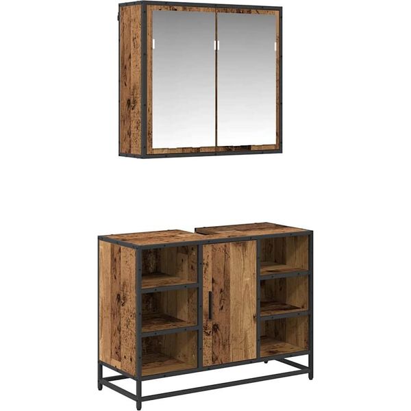 Vidaxl Set Di Mobili Da Bagno Con Ripiano 2 Pezzi In Legno Di Recupero Materiale A Base Di Legno-image