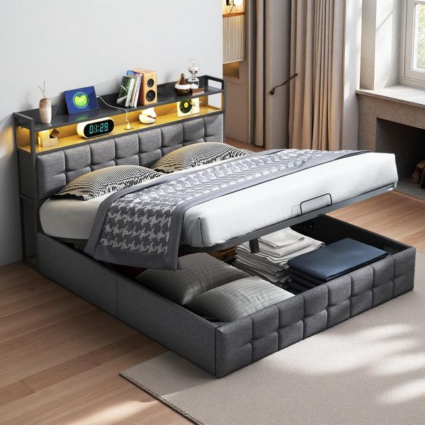 Letto Imbottito Proximax 140X190 Cm Con Illuminazione A Led E Connessione Usb - Letto Con Molle A Gas E Ampio Spazio Di Archiviazione - Design Moderno, Tessuto Grigio, Letto Con Rete A Doghe-image