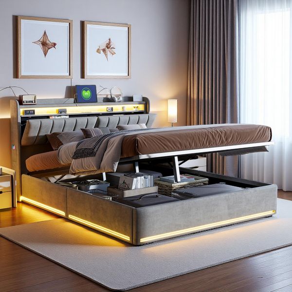 Letto Imbottito In Velluto Proximax 140X190 Cm In Grigio - Letto Matrimoniale Con Illuminazione A Led Sulla Testata E Sul Giroletto, Letto Con Contenitore A Pressione Di Gas Con Spazio Di Archiviazione-image
