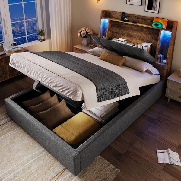 Letto Imbottito Idraulico Flieks 90X200Cm Con Testata Contenitore, Letto Singolo Letto Per Ragazzi Con Led, Letto Contenitore Letto In Legno Con Usb E Type-C, Lino, Grigio-image