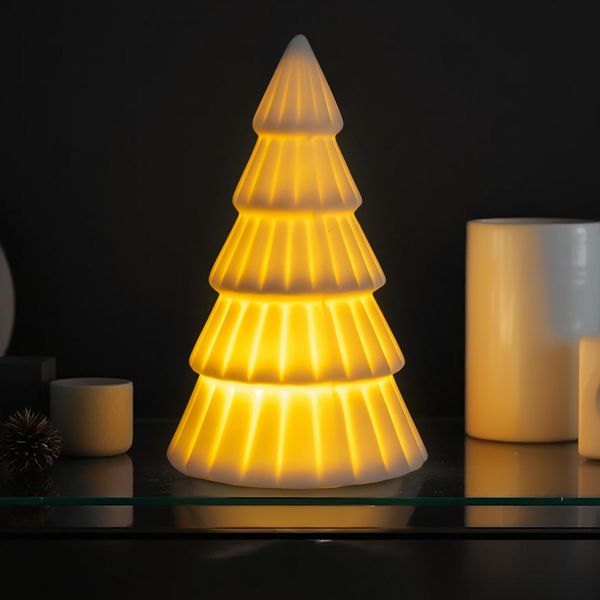 1.06 Abete Led In Porcellana Con Illuminazione Indiretta - Circa 16,5 Cm - Abete Illuminato Bianco (Grande)-image