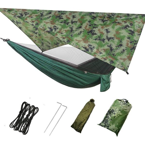 Amaca Da Campeggio 3 In1 Con Zanzariera E Telone Con Cerniera, Amaca Mimetica Verde Militare Da 300 Kg Di Carico Per Escursioni All'aperto-image