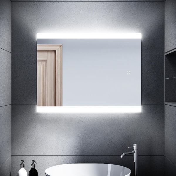 Sonni Specchio Da Bagno Con Illuminazione A Led E Interruttore A Sfioramento A Risparmio Energetico Antiappannamento IP44 Con Pannello Smerigliato Specchio Da Parete 80 X 60 Cm-image