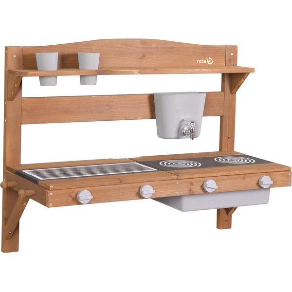 Cucina Di Fango Per Bambini Da Appendere - Cucina Funzionale Da Esterno Con Distributore D'acqua E Accessori - In Legno - Verniciato Colore Teak-image