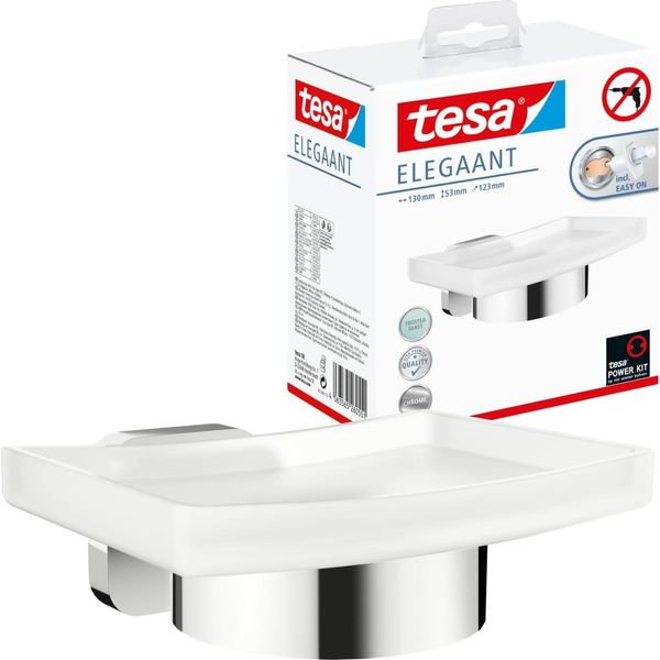 Tesa Elegaant Portasapone Con Supporto A Parete, Vetro Satinato E Acciaio Inox Cromato - Per Montaggio A Parete Senza Foratura, Soluzione Adesiva Inclusa-image