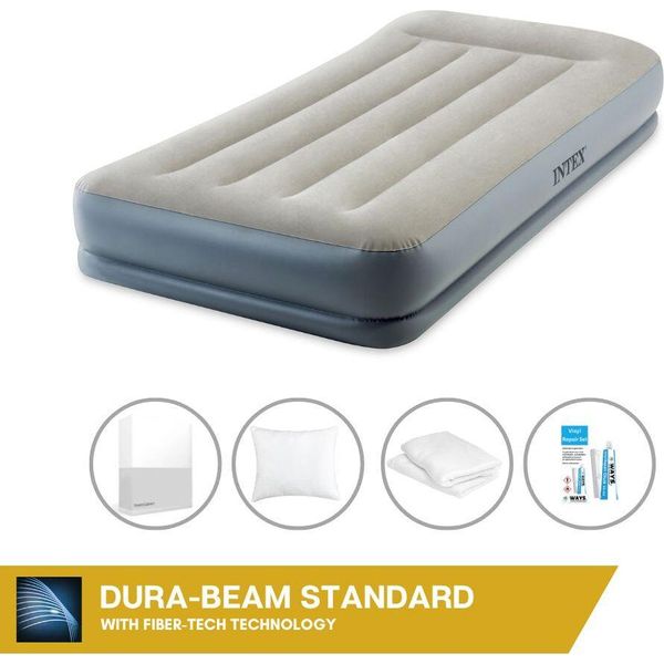 Letto Ad Aria Intex - 1 Persona - 99 X 191 X 30 Cm - Grigio - Con Pompa Incorporata + Lenzuola Bianche + Cuscino + Federe Molton 2 In 1 + Set Di Riparazione-image