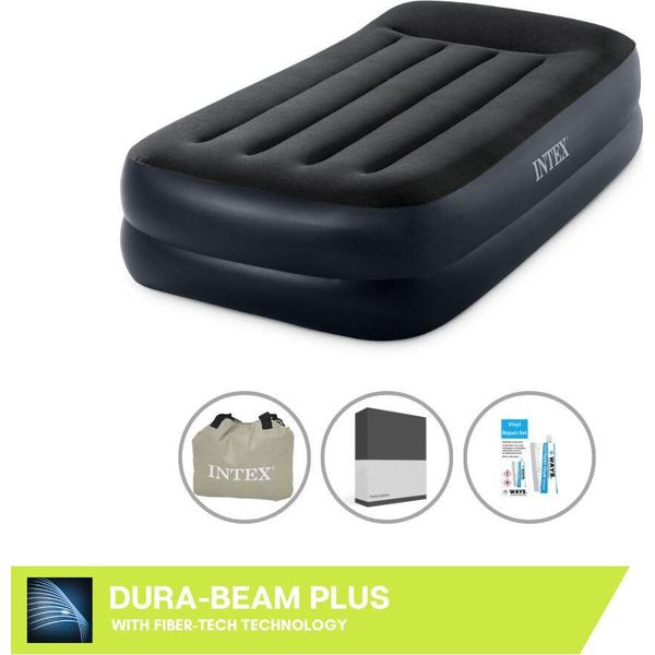 Letto Ad Aria Intex - 1 Persona - 99 X 191 X 46 Cm - Blu - Con Pompa + Lenzuolo Nero + Set Di Riparazione-image