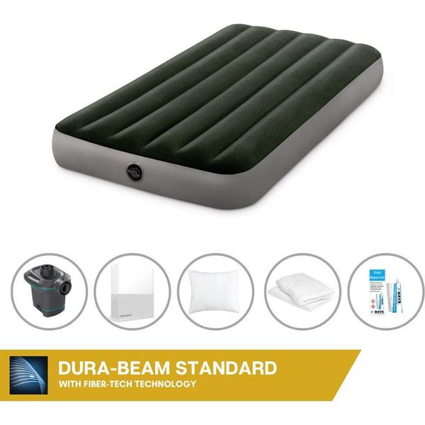 Letto Gonfiabile Intex - 1 Persona - 99 X 191 X 25 Cm - Verde + Pompa Elettrica Intex - 650 Litri/Min + Lenzuolo Bianco + Cuscino + Federe Molton 2 In 1 + Kit Di Riparazione-image