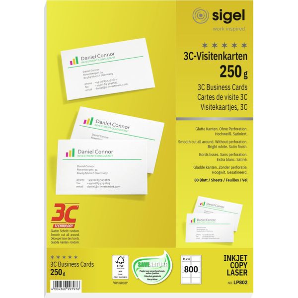 Sigel Biglietti Da Visita 3C, 85 X 55 Mm, 250 G/M², Bianco Brillante-image