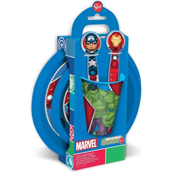 Servizio Da 5 Pezzi Marvel Di Tataway In Plastica Rossa E Blu, Vendicatori: Hulk, Iron Man, Capitan America, Thor, Piatto, Bicchiere, Posate-image