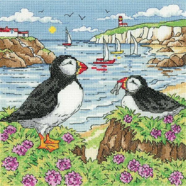 Set Per Punto Croce Heritage In Aida "Puffin Shore"", Schema Contato, BSPF1610-A, 20,5X20,5Cm"-image