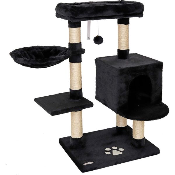Tiragraffi Lionto 93 Cm Con Grotta, Abbeveratoio, Palla Da Gioco E Paletti In Sisal, Albero Per Gatti Compatto, Nero-image