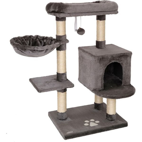 Tiragraffi Lionto 93 Cm Con Grotta, Abbeveratoio, Palla Da Gioco E Paletti In Sisal, Albero Per Gatti Compatto, Grigio Scuro-image